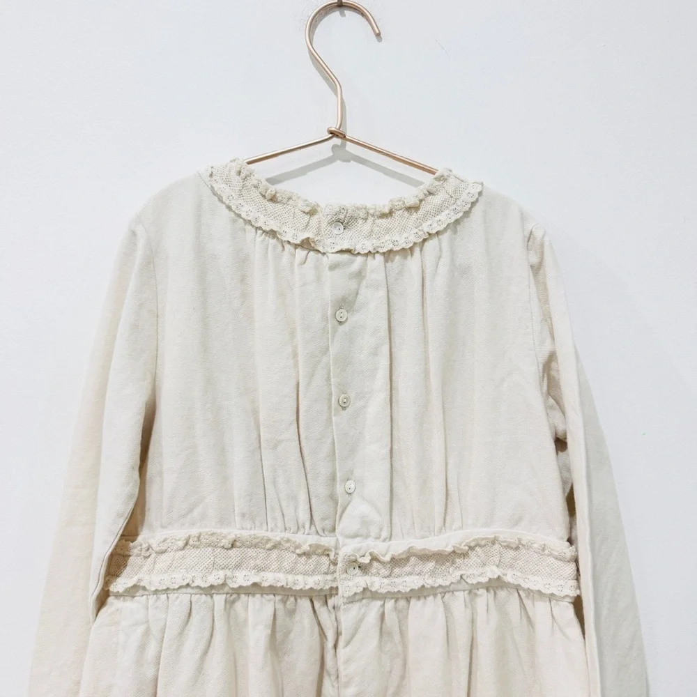 Bonpoint little girls cotton and wool cottagecore Cream Long Sleeve Dress NEW